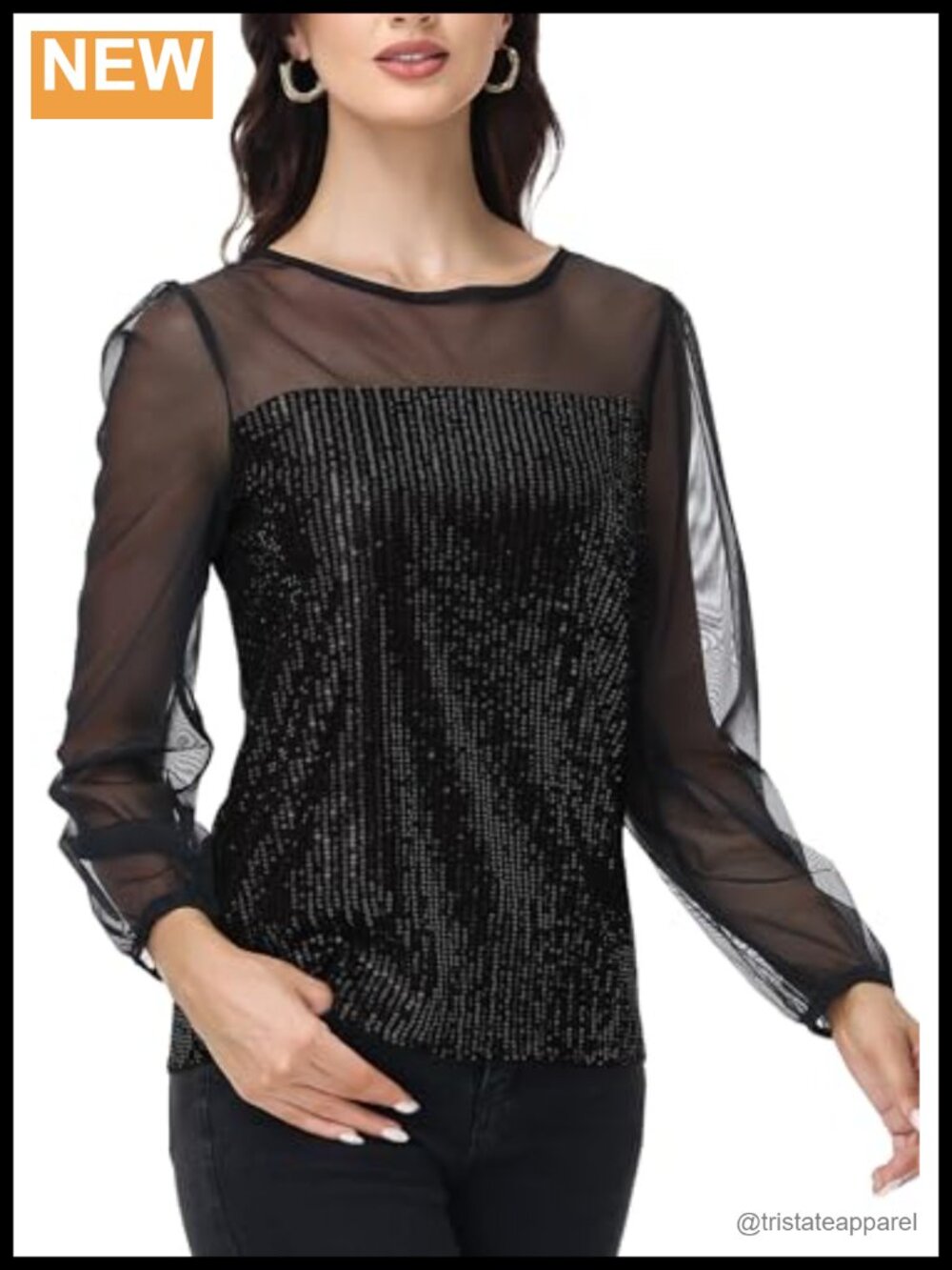 Sequin Blouse Sheer Chiffon Long Sleeve Sparkly Party Top